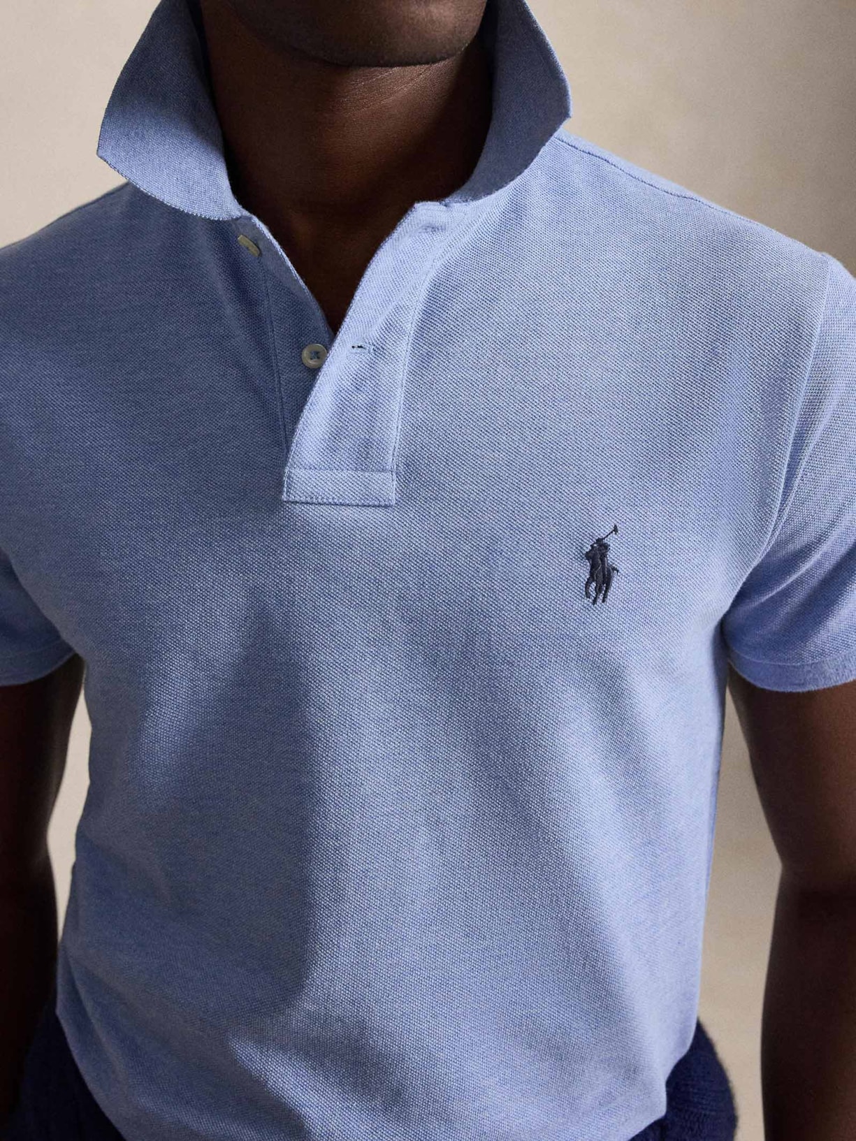 Polo Masculina Manga Curta Slim Fit Mesh Logo Bordado Azul Polo Ralph Lauren