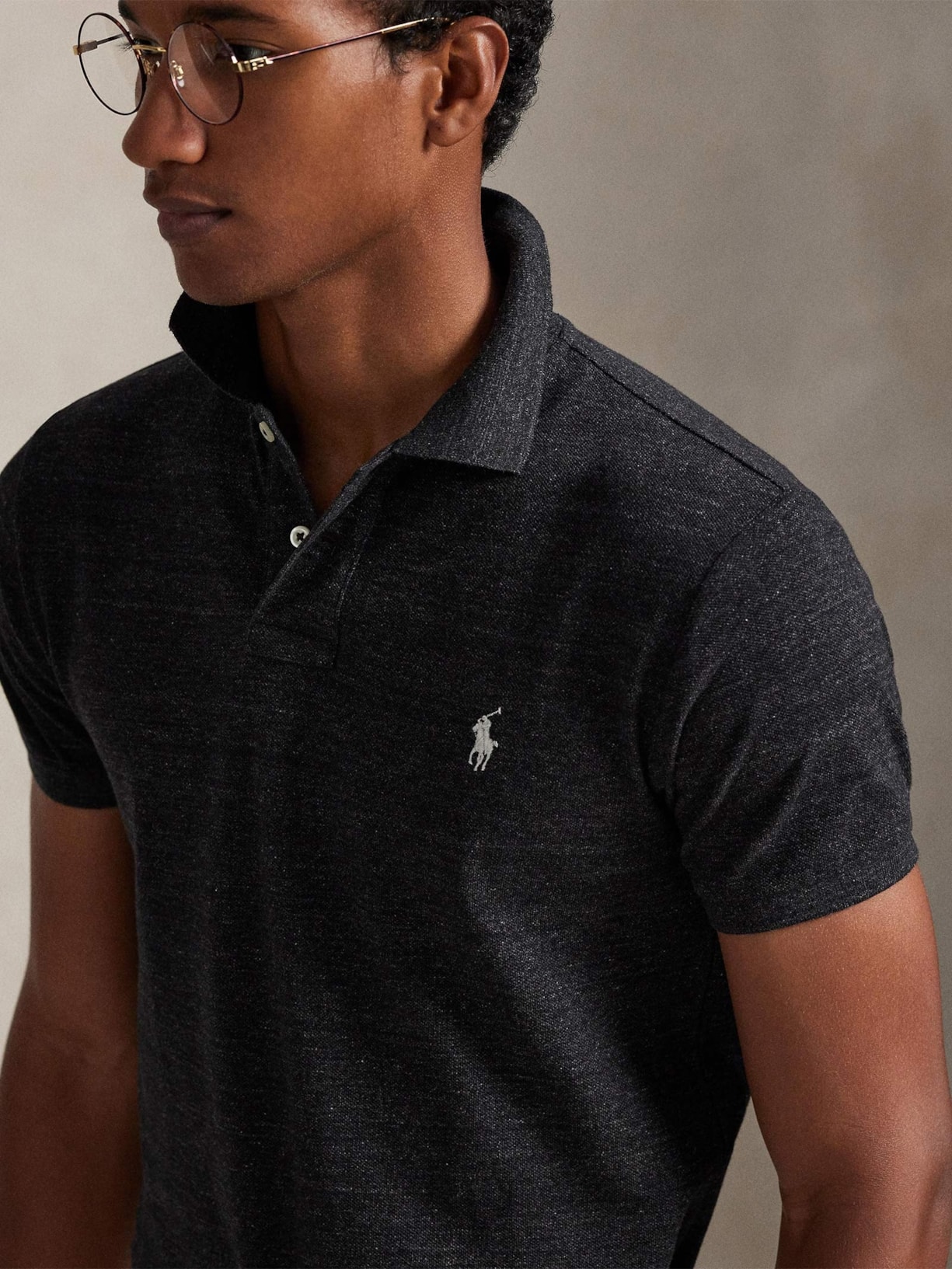 Polo Masculina Manga Curta Slim Fit Mesh Logo Bordado Preto Polo Ralph Lauren