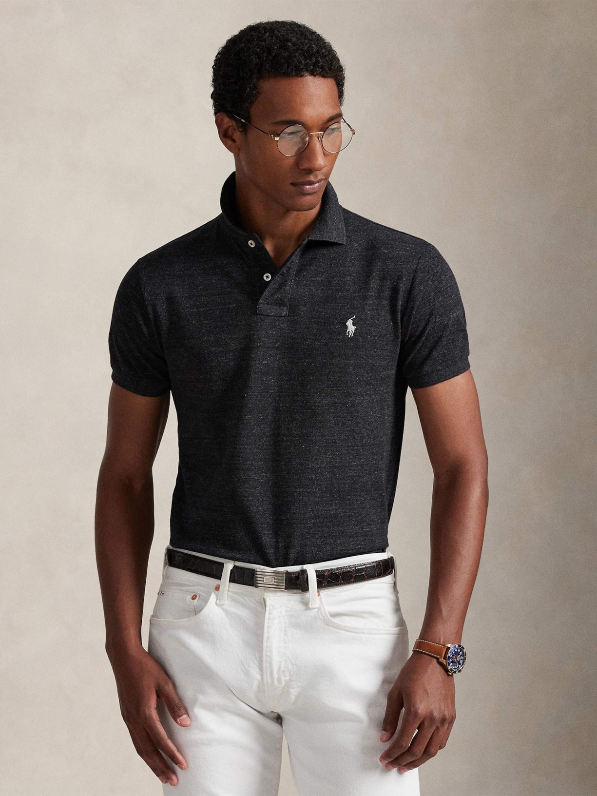Polo Masculina Manga Curta Slim Fit Mesh Logo Bordado Preto Polo Ralph Lauren