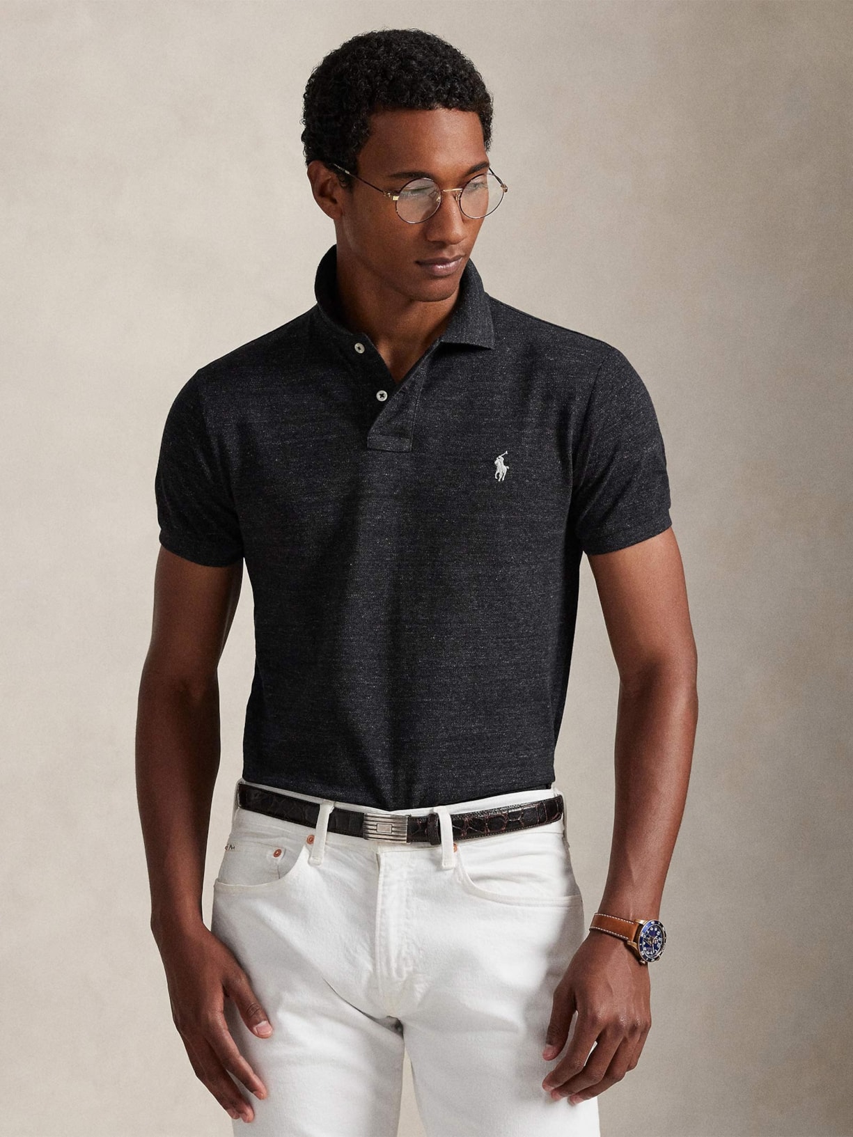 Polo Masculina Manga Curta Slim Fit Mesh Logo Bordado Preto Polo Ralph Lauren