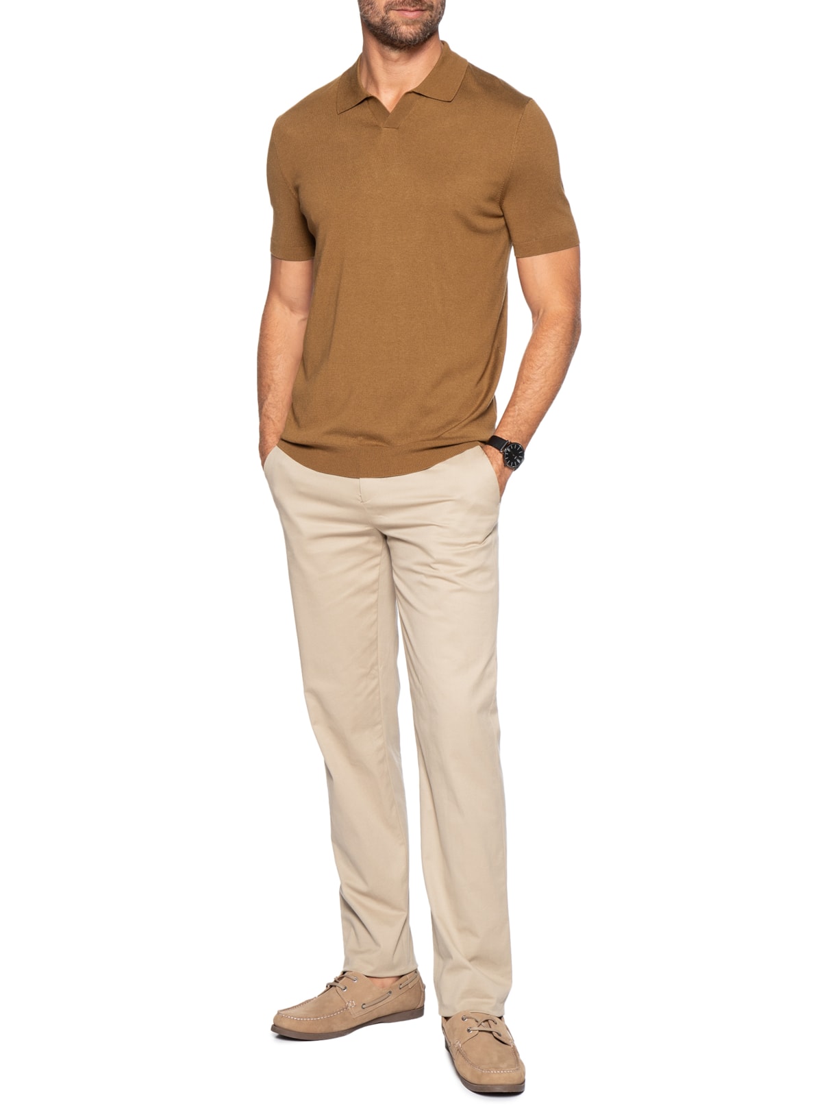 Polo Masculina Manga Curta Tricot Tencel Marrom Oficina Reserva