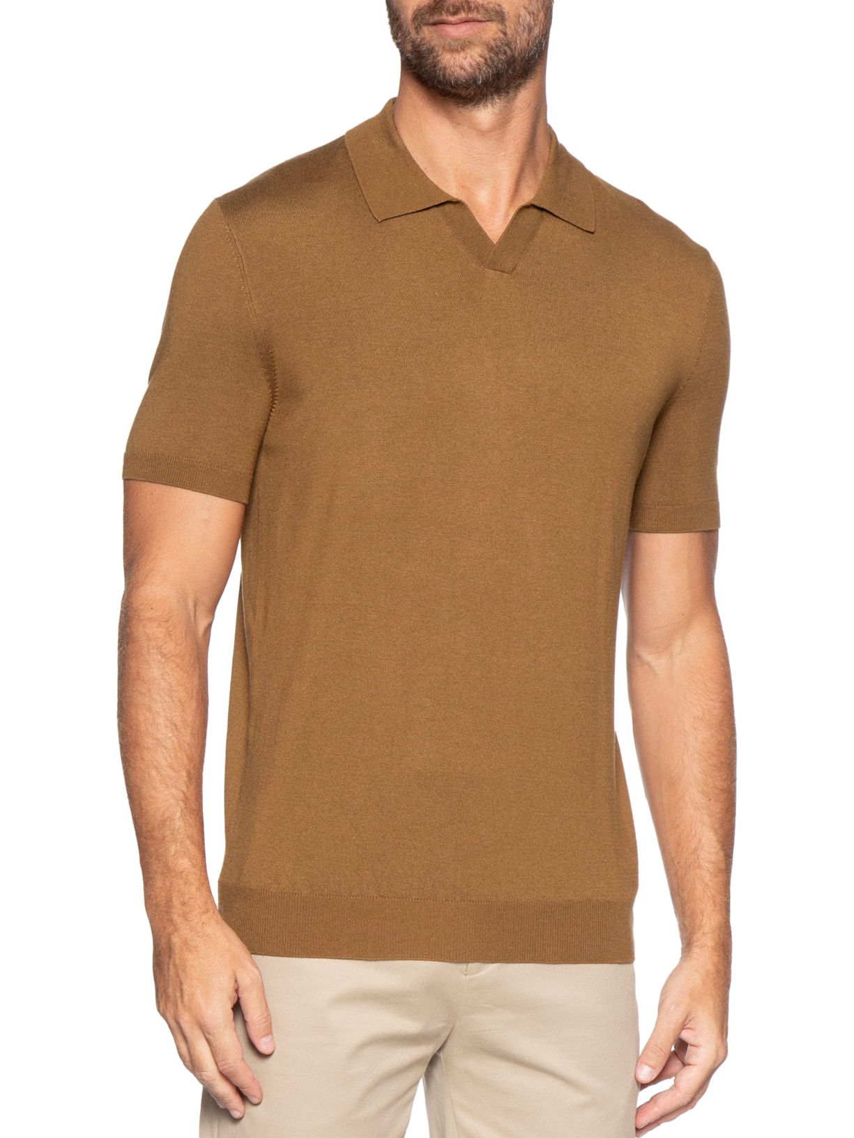 Polo Masculina Manga Curta Tricot Tencel Marrom Oficina Reserva