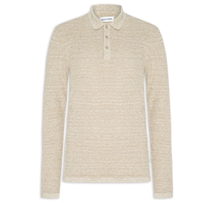Polo Masculina Manga Longa Em Tricot - Bege