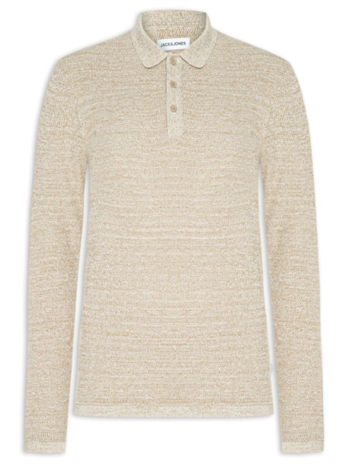 Polo Masculina Manga Longa Em Tricot - Bege