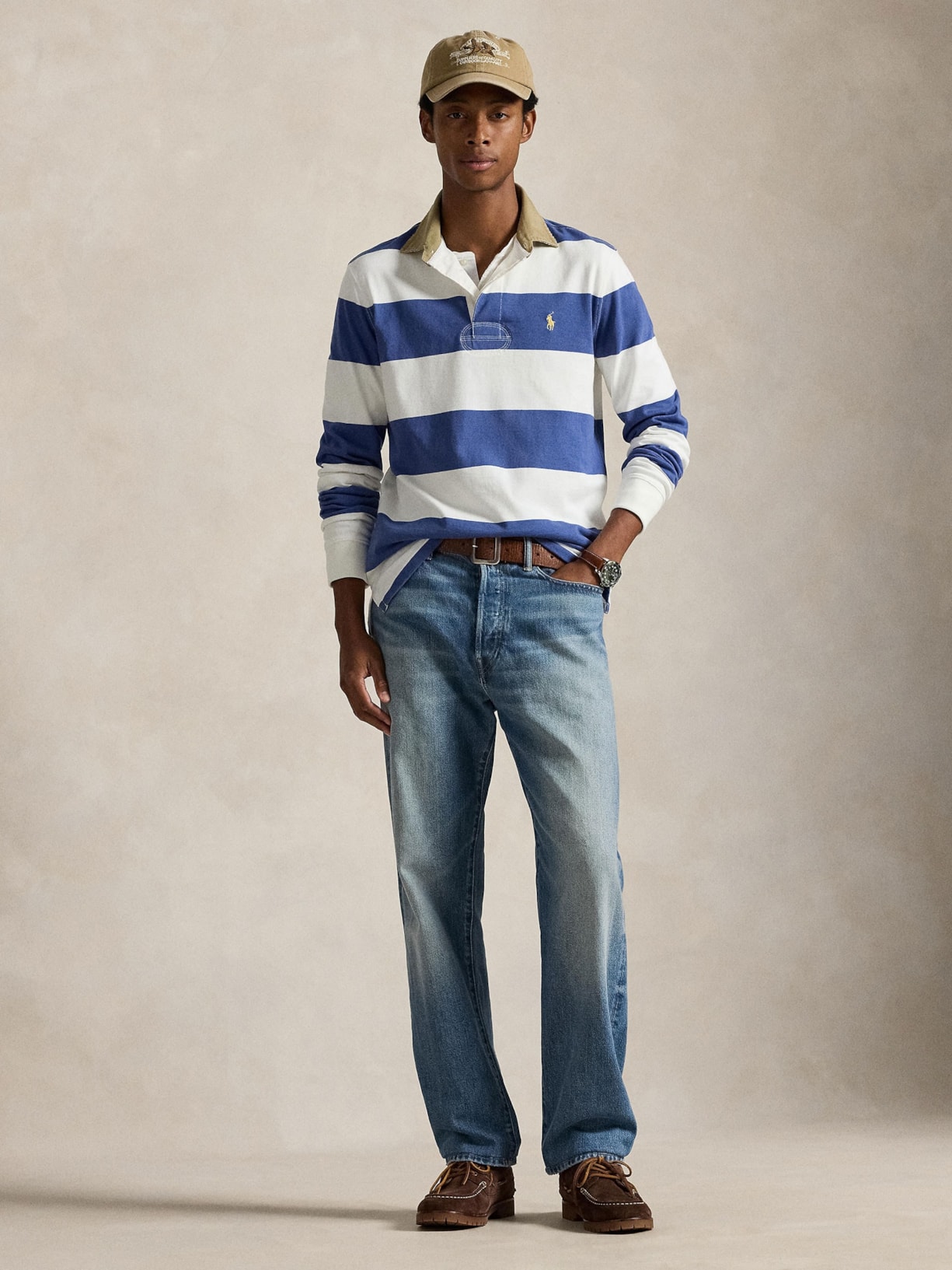 Polo Masculina Manga Longa Listrada Knit Rugby Azul Polo Ralph Lauren
