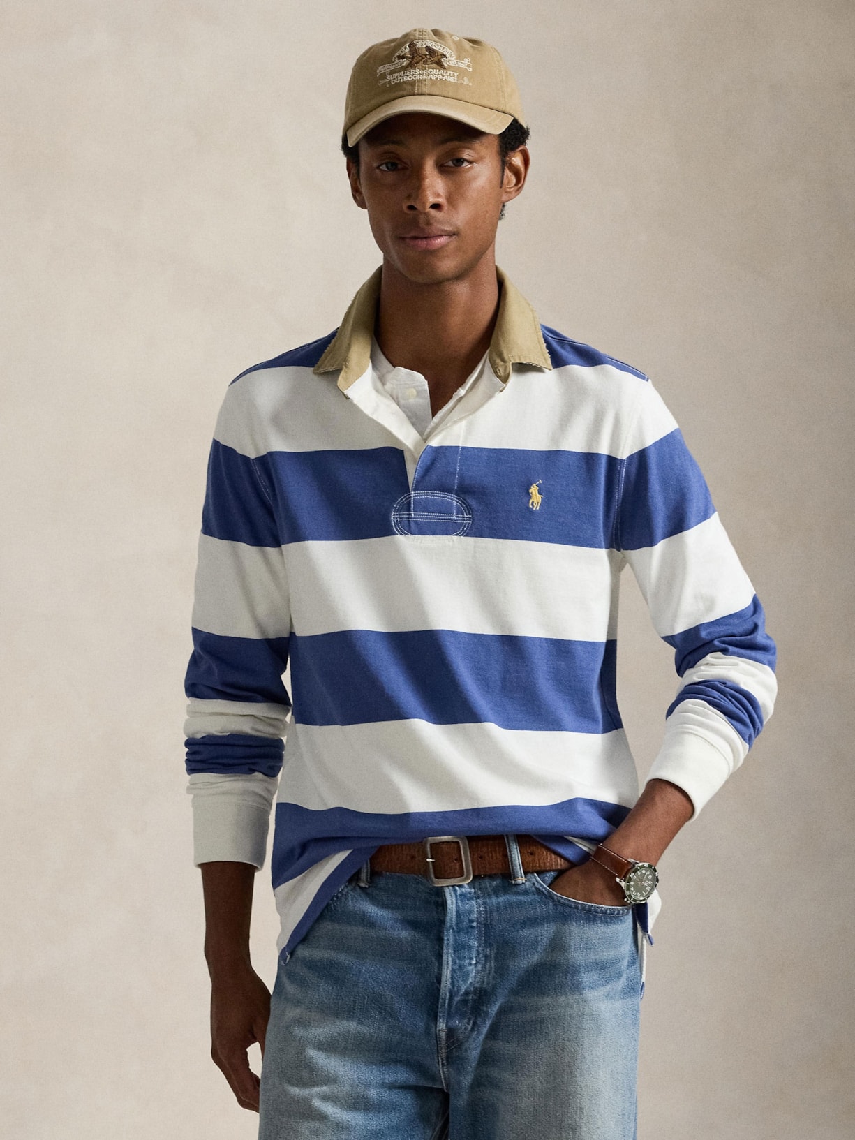 Polo Masculina Manga Longa Listrada Knit Rugby Azul Polo Ralph Lauren