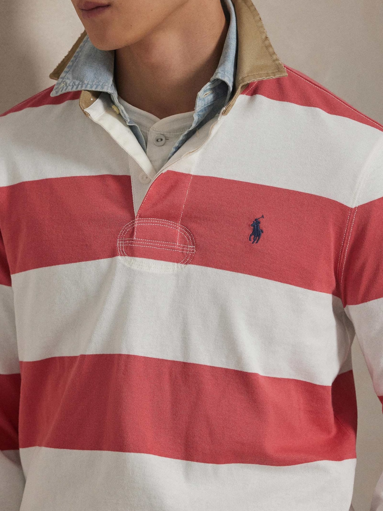 Polo Masculina Manga Longa Listrada Knit Rugby Vermelho Polo Ralph Lauren