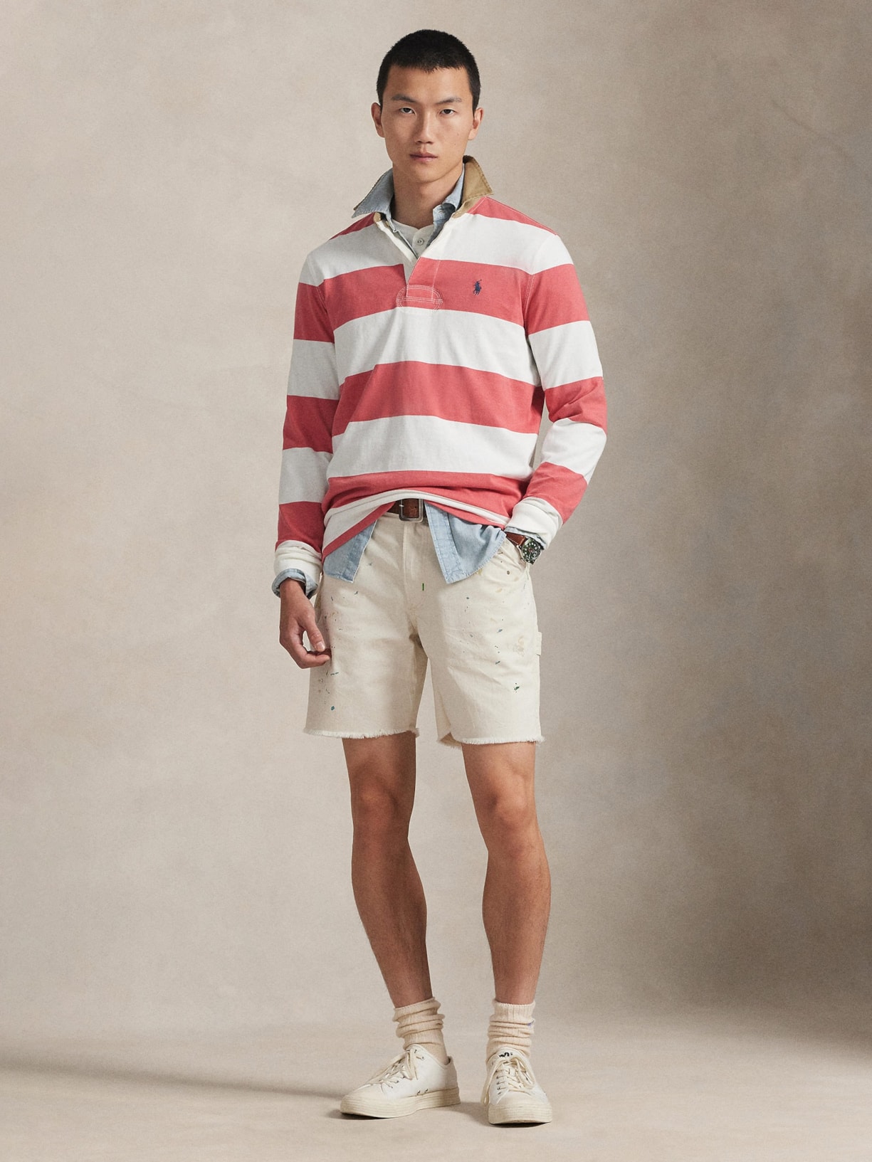 Polo Masculina Manga Longa Listrada Knit Rugby Vermelho Polo Ralph Lauren