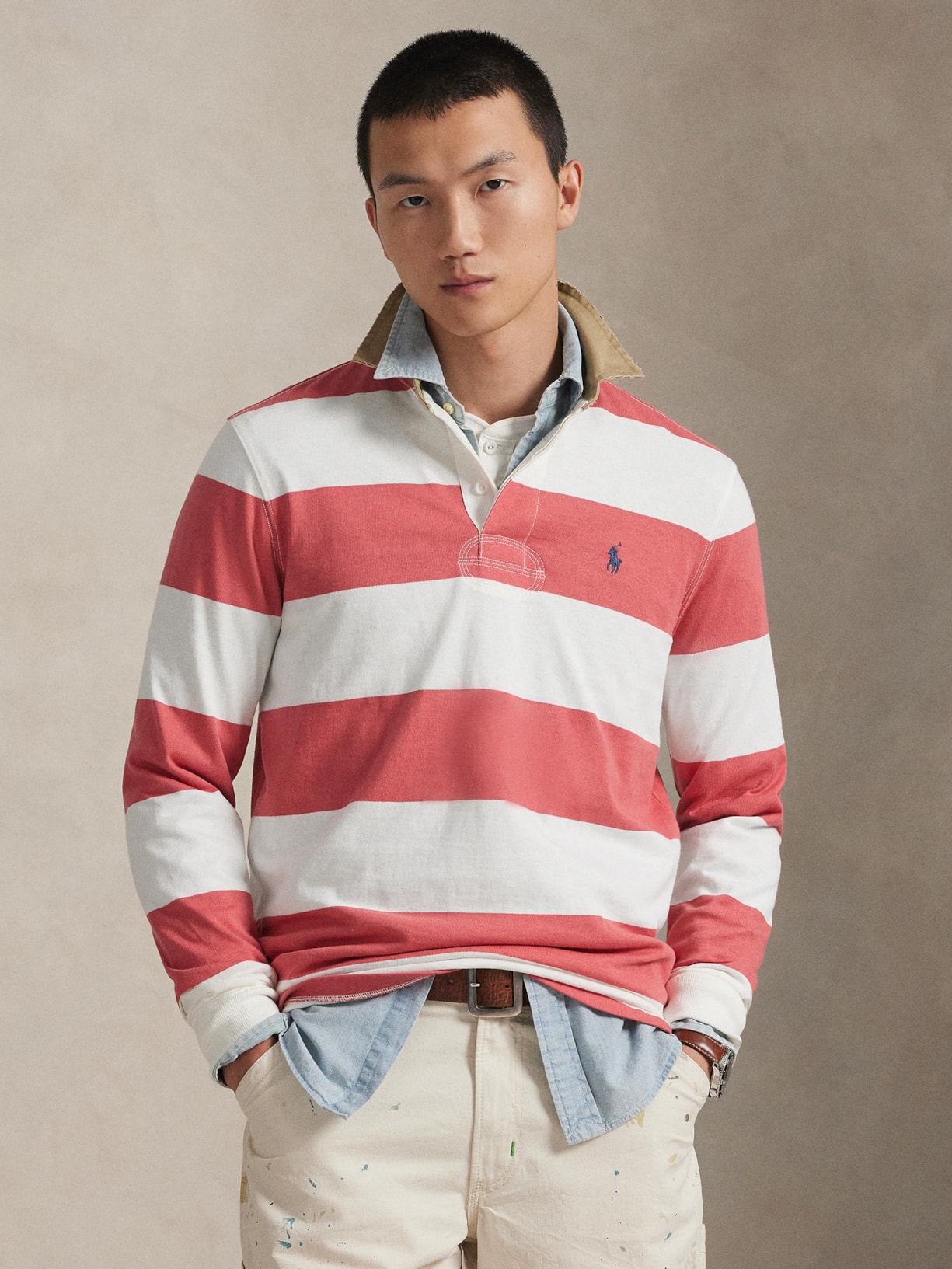 Polo Masculina Manga Longa Listrada Knit Rugby Vermelho Polo Ralph Lauren