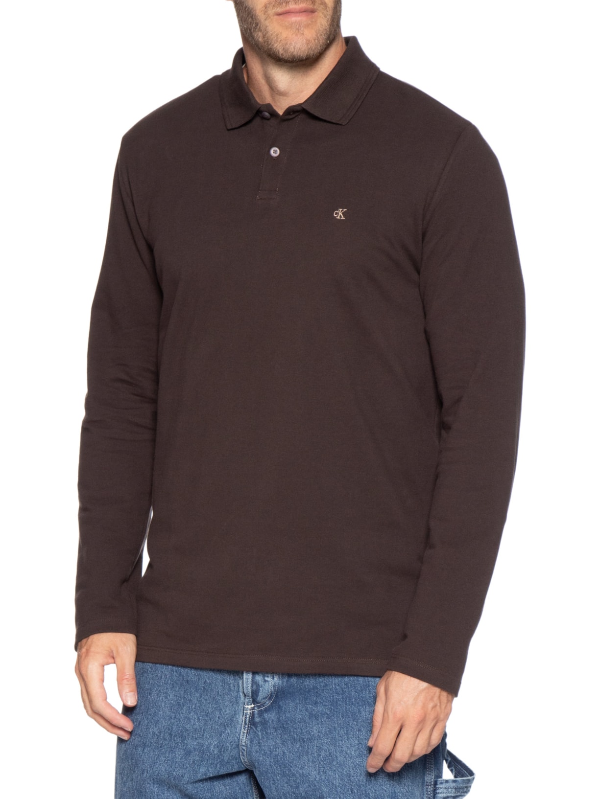 Polo Masculina Manga Longa Regular CK Bordado Marrom Calvin Klein Jeans