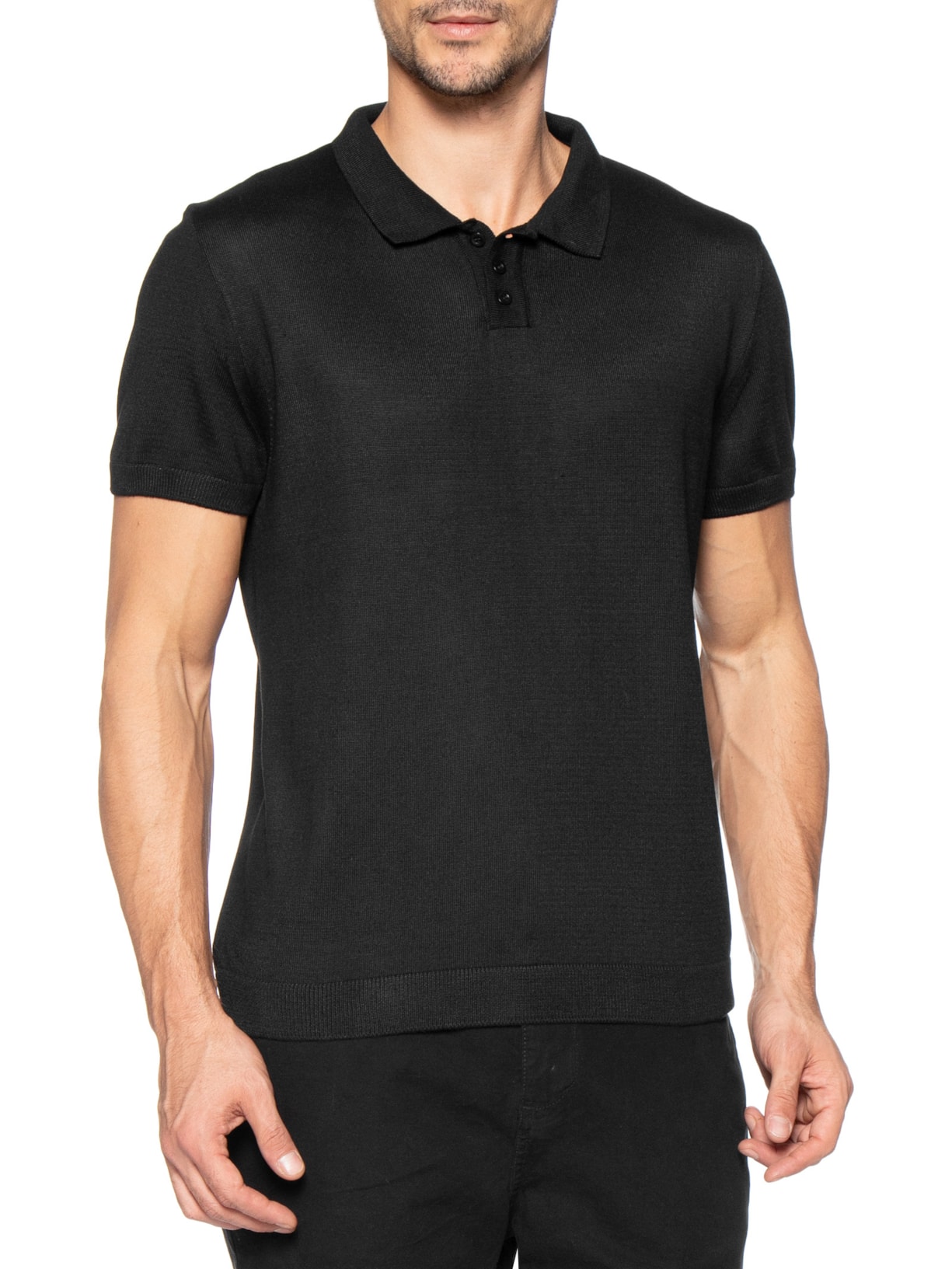 Polo Masculina Manga Longa Tricot Basic Preto Foxton