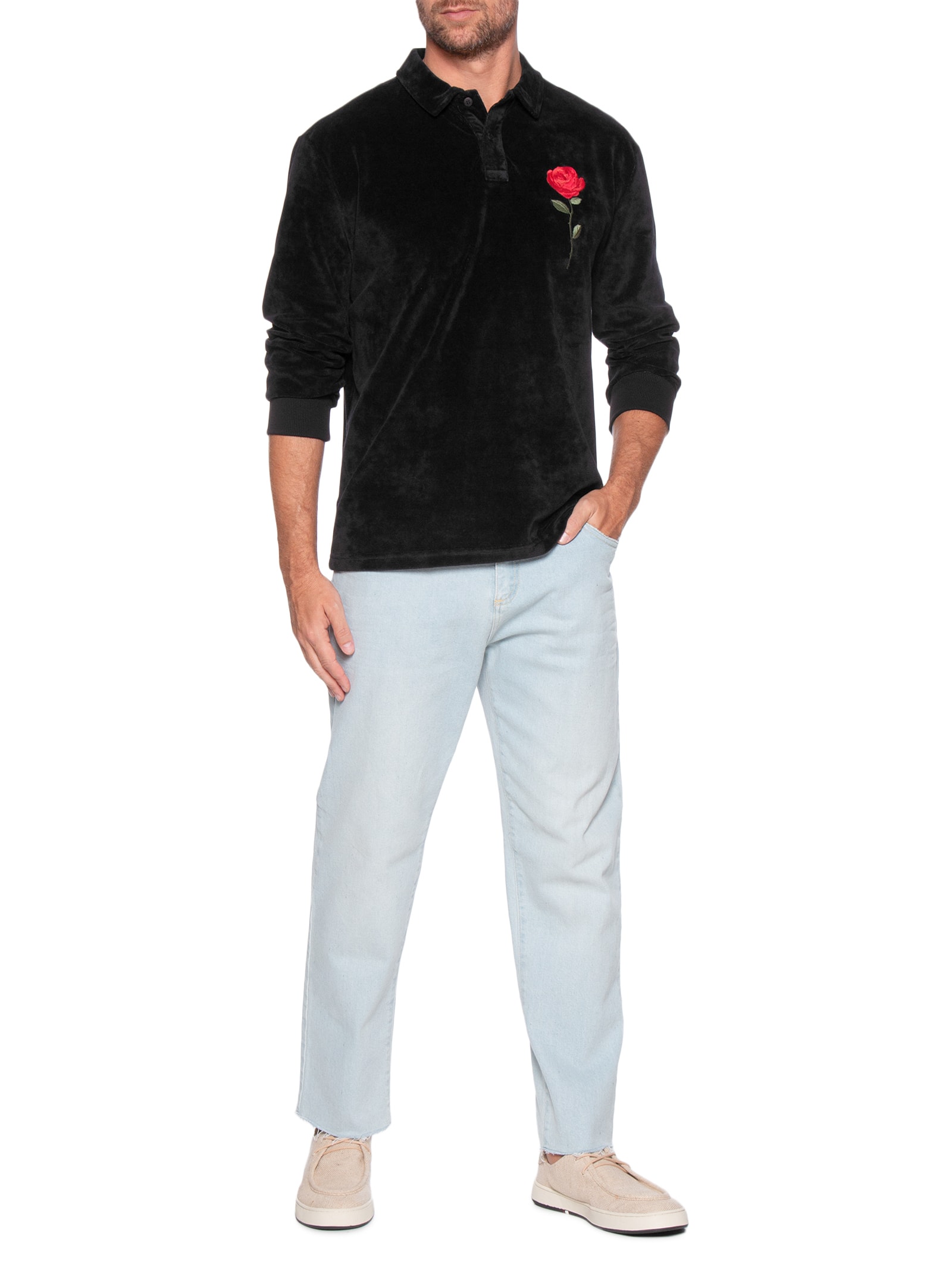 Osklen - Polo Masculina Manga Longa Velvet Rose - Preto
