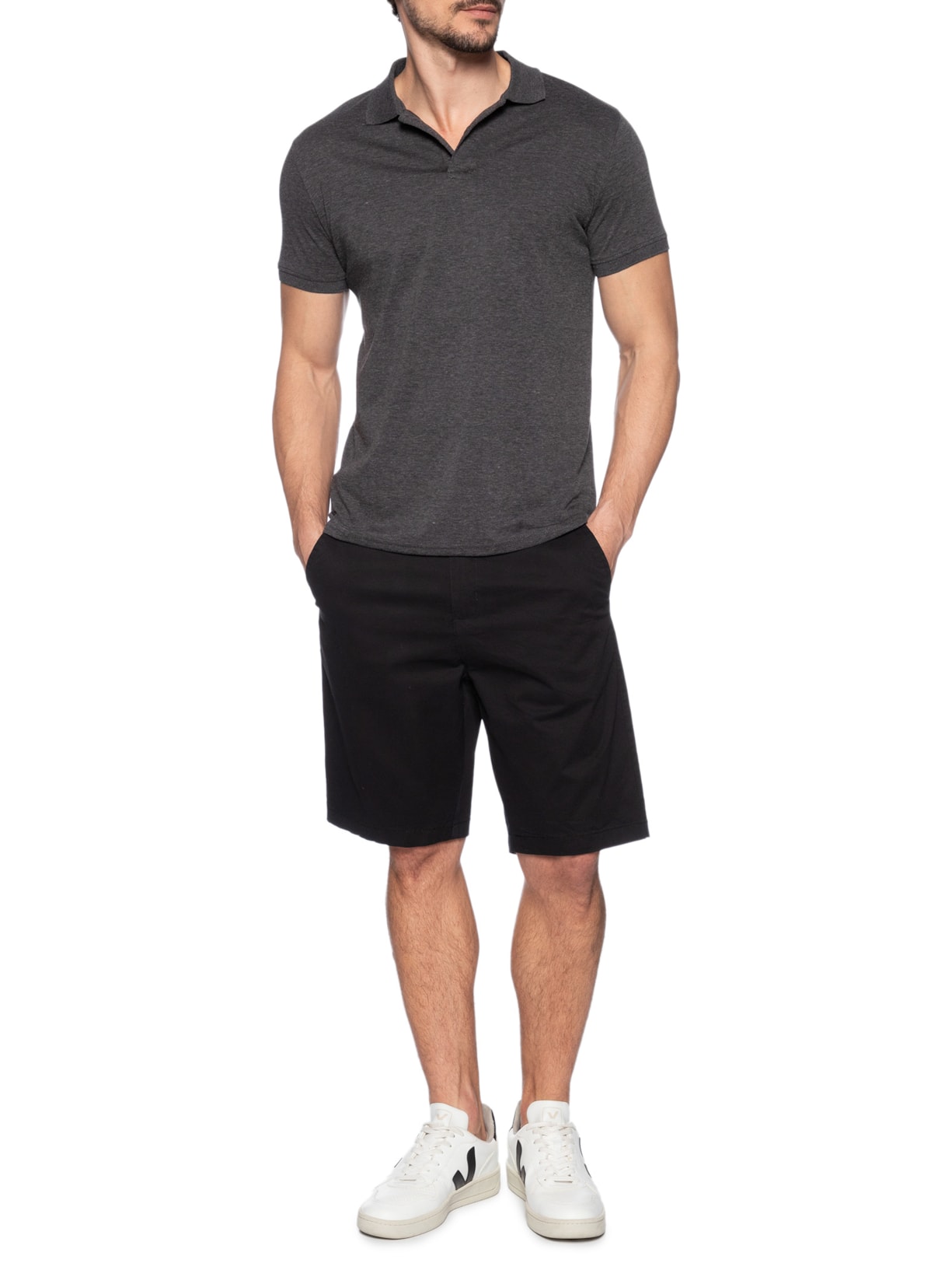 Polo Masculina Piquet Com Botão Básica Cinza Basiq Men