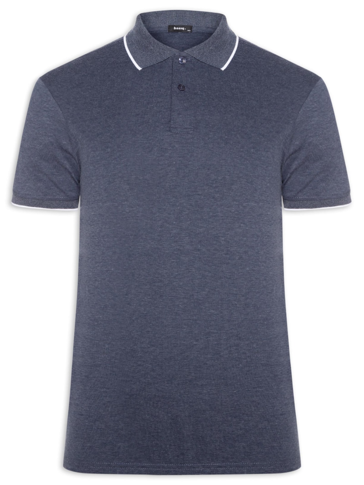 Polo Masculina Piquet Com Botão E Detalhes Filete Azul Basiq Men