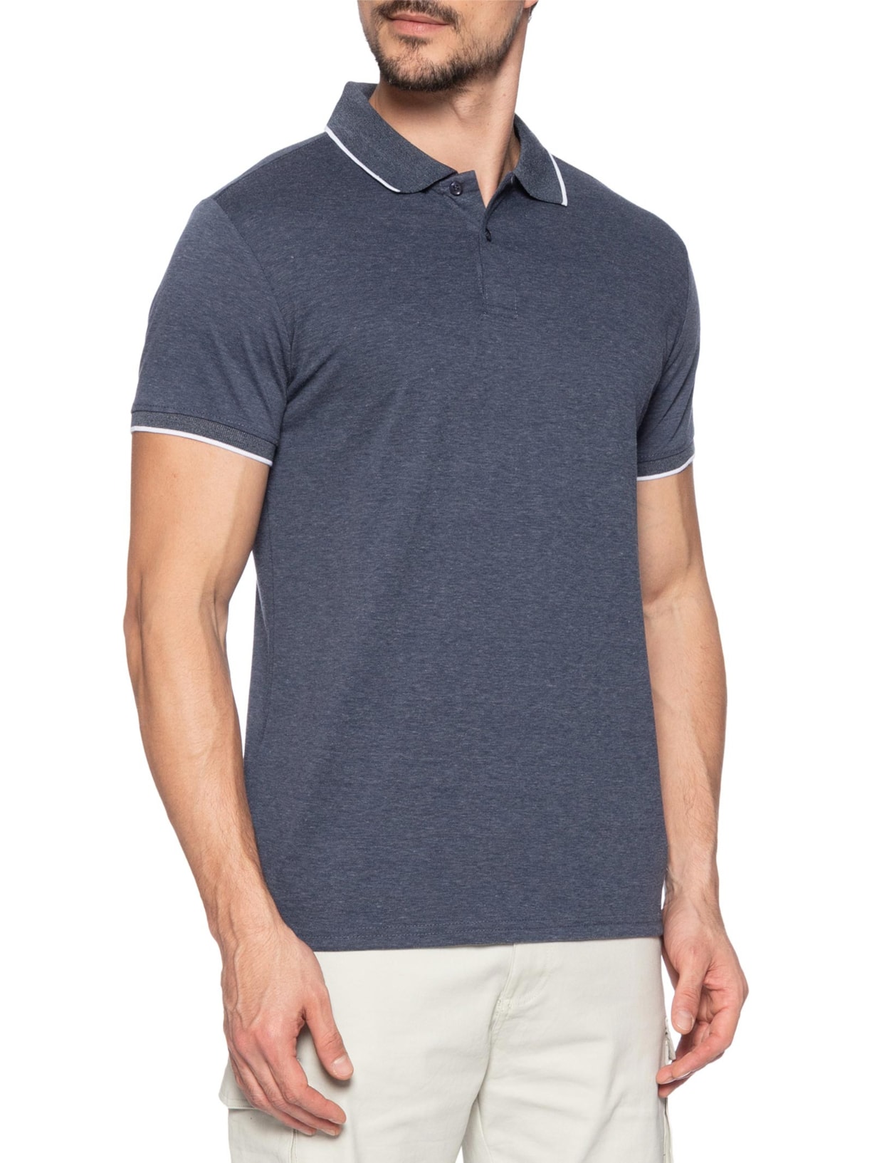 Polo Masculina Piquet Com Botão E Detalhes Filete Azul Basiq Men