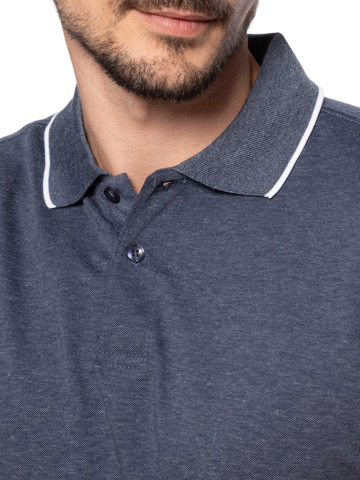 Polo Masculina Piquet Com Botão E Detalhes Filete Azul Basiq Men