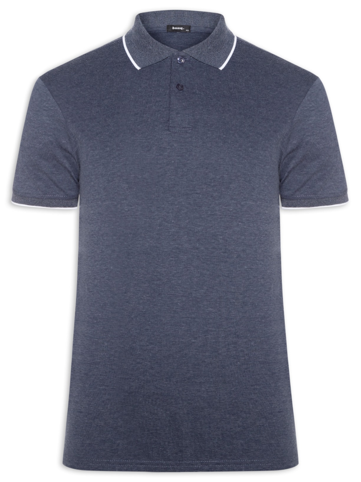 Polo Masculina Piquet Com Botão E Detalhes Filete - Azul