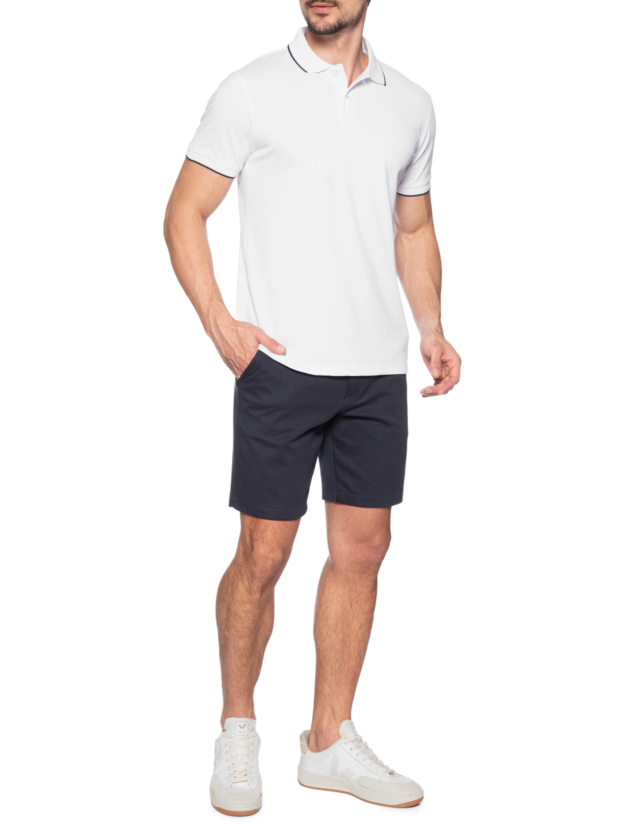 Polo Masculina Piquet Com Botão E Detalhes Filete Branco Basiq Men