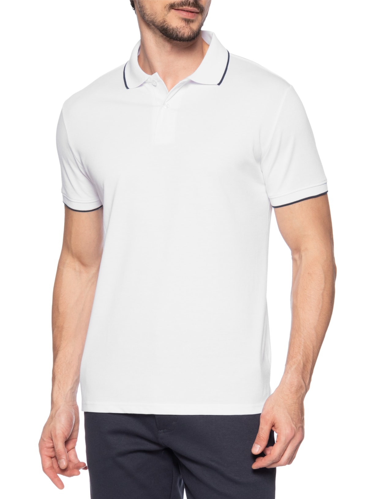 Polo Masculina Piquet Com Botão E Detalhes Filete Branco Basiq Men
