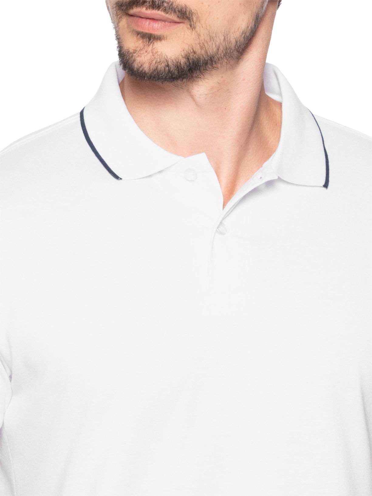 Polo Masculina Piquet Com Botão E Detalhes Filete Branco Basiq Men