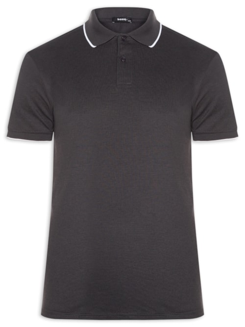 Polo Masculina Piquet Com Botão E Detalhes Filete - Cinza