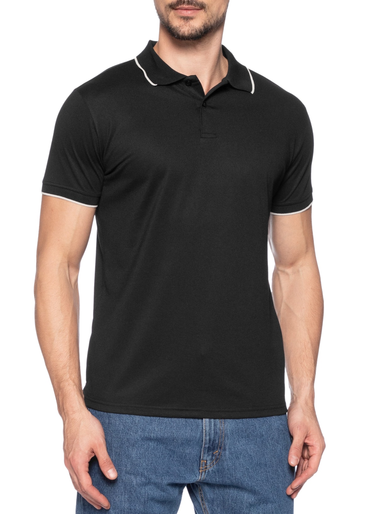 Polo Masculina Piquet Com Botão E Detalhes Filete Preto Basiq Men