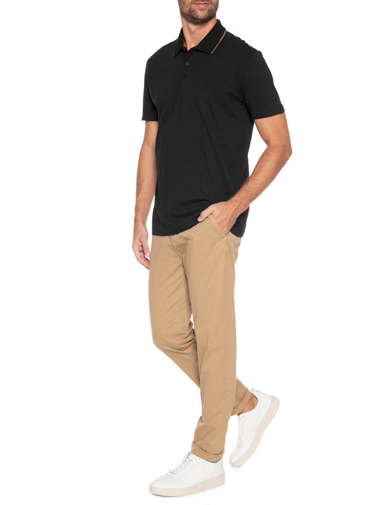 Polo Masculina Piquet Com Friso Interrupted Manga Curta Preto Richards