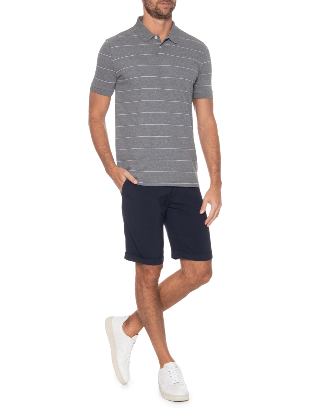 Polo Masculina Piquet Listrada Cinza Oficina Reserva