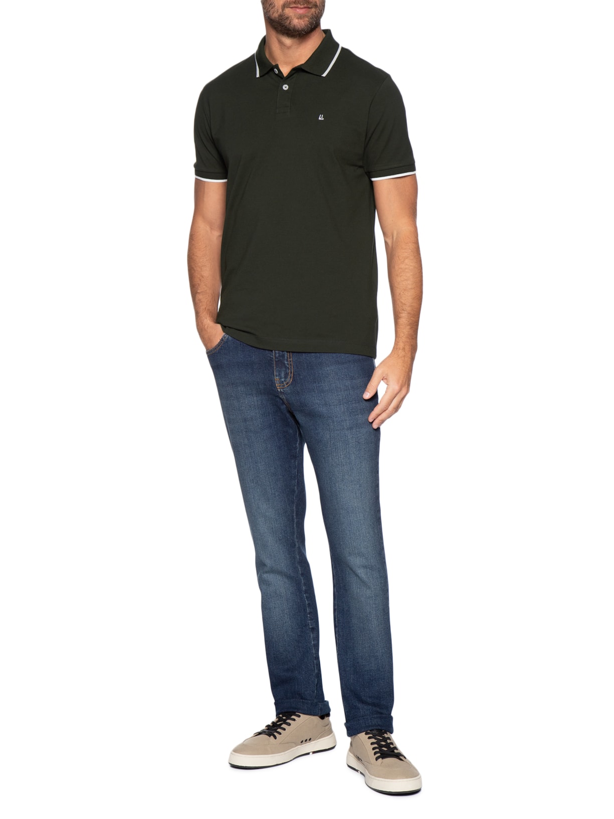 Pólo Masculina Piquet Manga Curta Friso Verde Foxton