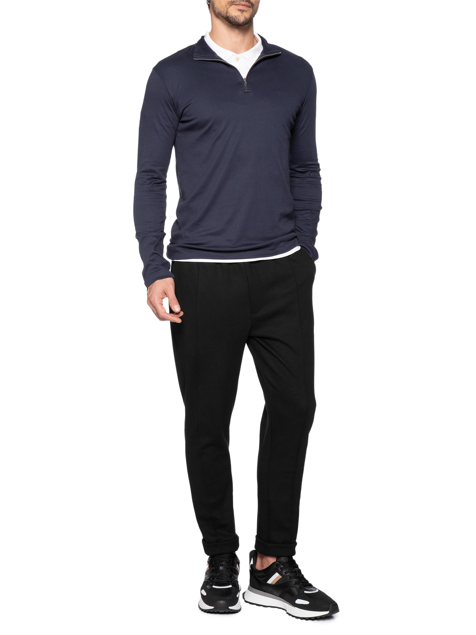 Polo Masculina Quarter Zip Suedine Premium Manga Longa - Azul