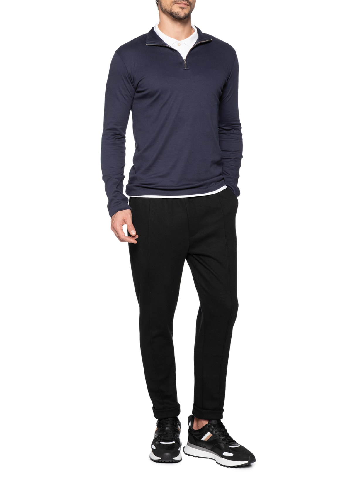 Polo Masculina Quarter Zip Suedine Premium Manga Longa Azul Paramount Alfaiataria