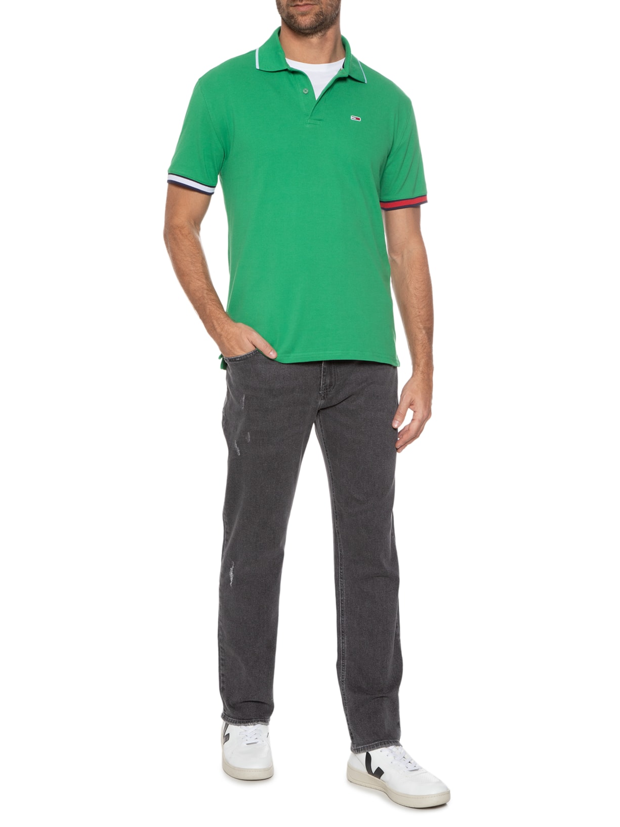 Polo Masculina Reg Flag Cuffs Verde Tommy Jeans