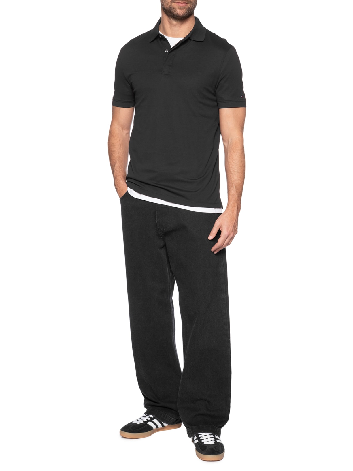 Polo Masculina Regular Fit Básica Hidden Em Algodão Preto Tommy Hilfiger