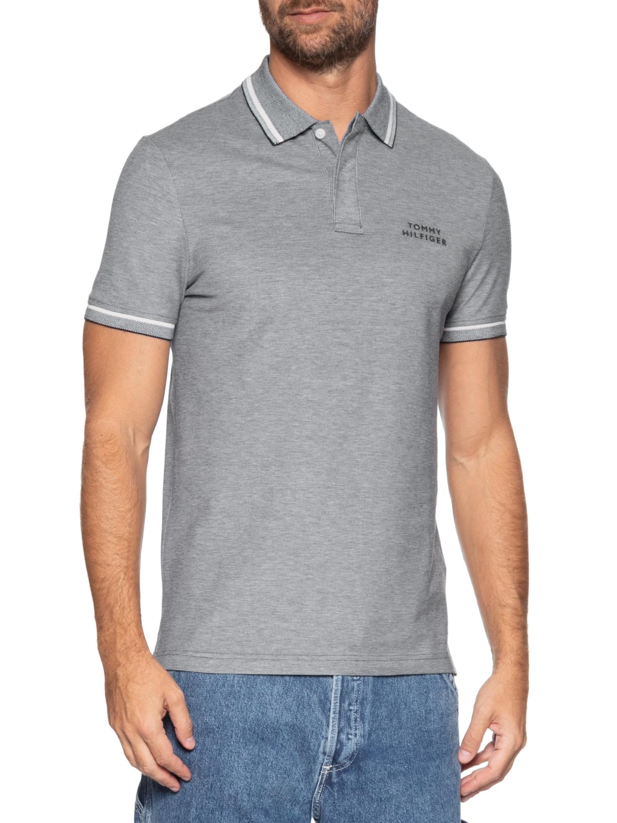 Polo Masculina Regular Fit Com Friso Duplo Cinza Tommy Hilfiger