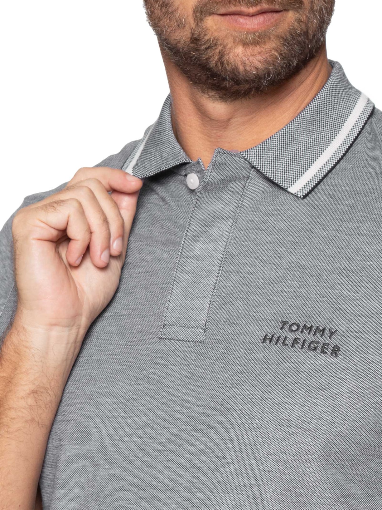 Polo Masculina Regular Fit Com Friso Duplo Cinza Tommy Hilfiger