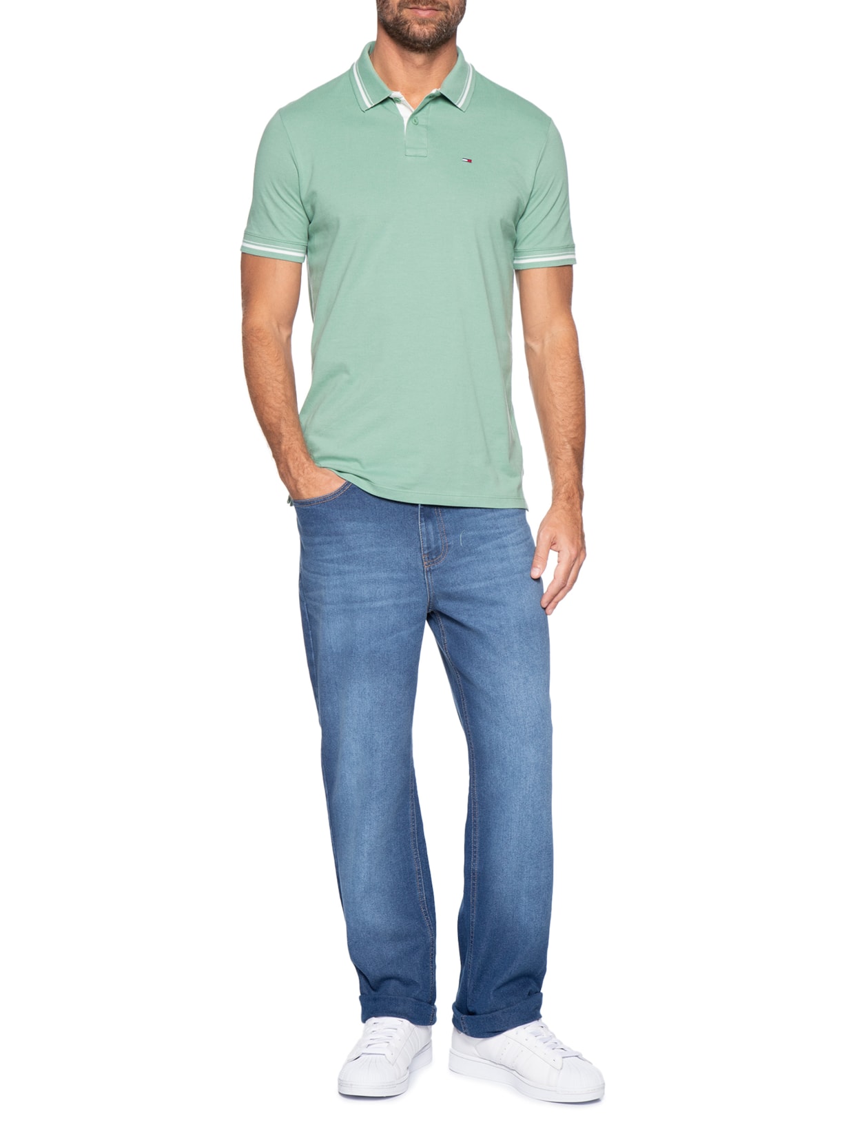 Polo Masculina Regular Fit Com Friso E Vista Contrastante Verde Tommy Jeans