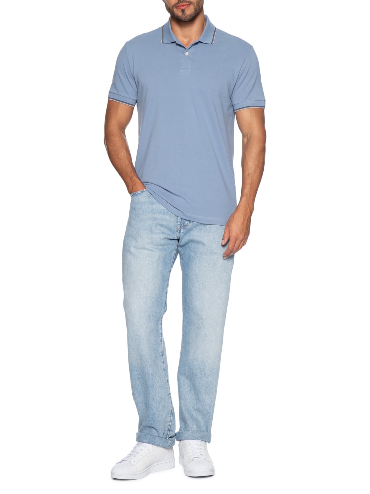 Polo Masculina Regular Fit com Frisos – Azul Aramis