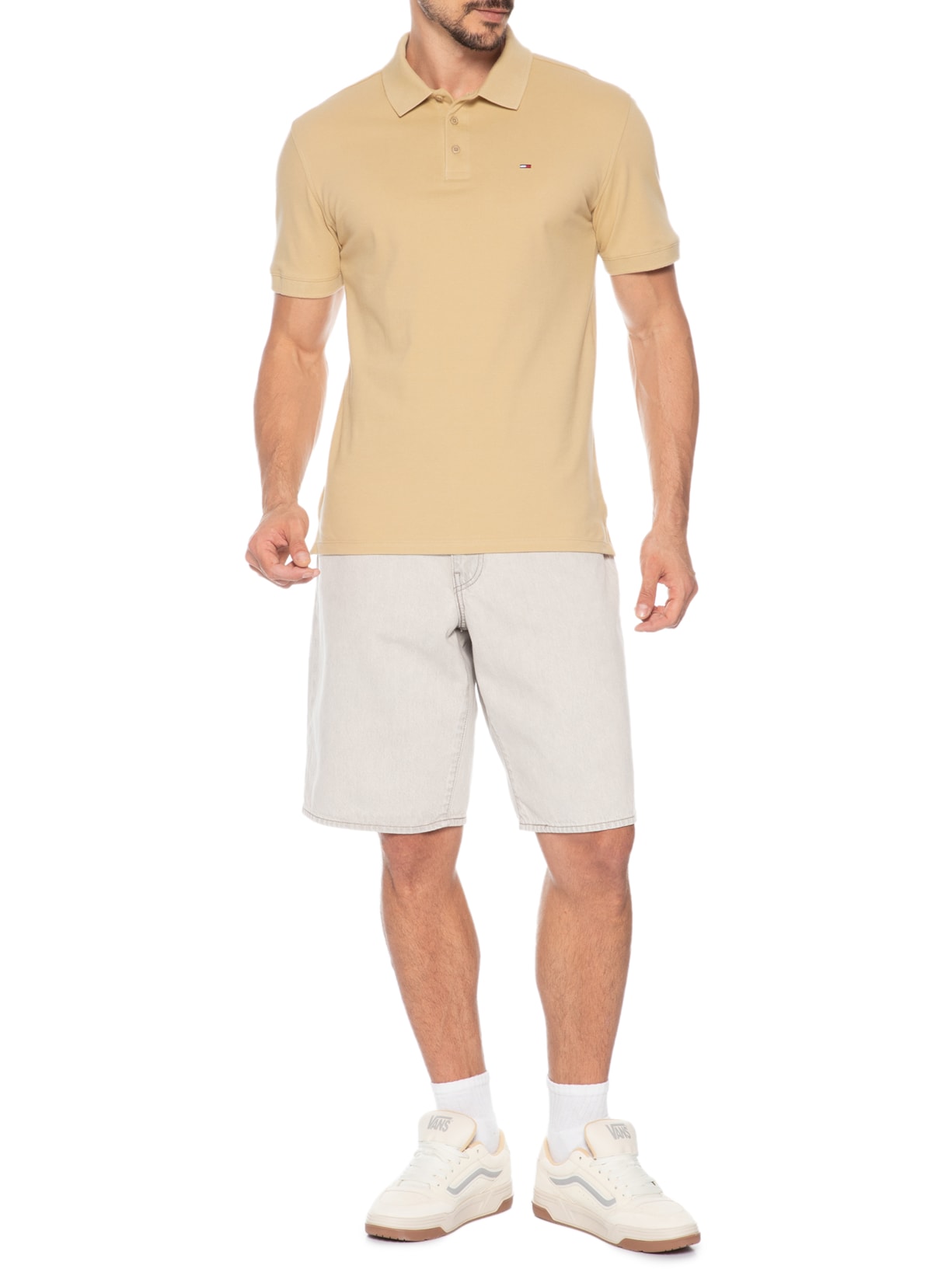 Polo Masculina Regular Fit com Vista Diferenciada  Bege Tommy Jeans