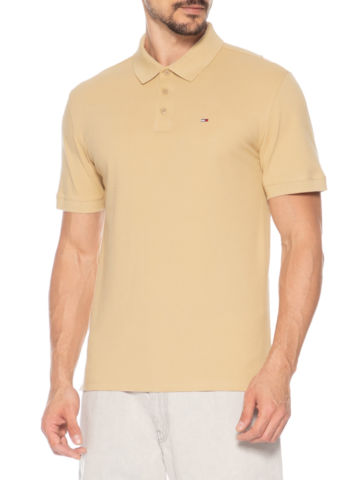 Polo Masculina Regular Fit com Vista Diferenciada  Bege Tommy Jeans