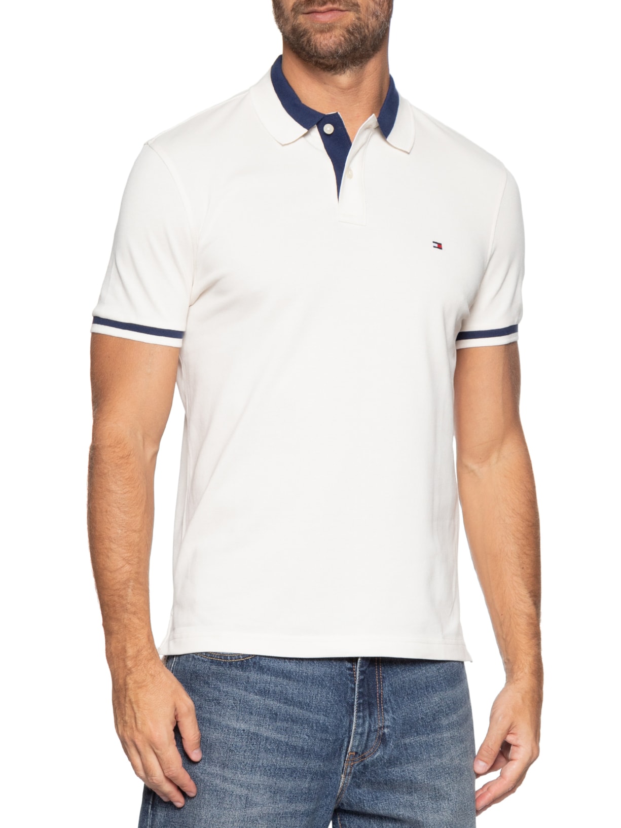Polo Masculina Regular Fit Detalhe Contrastante Off White Tommy Hilfiger
