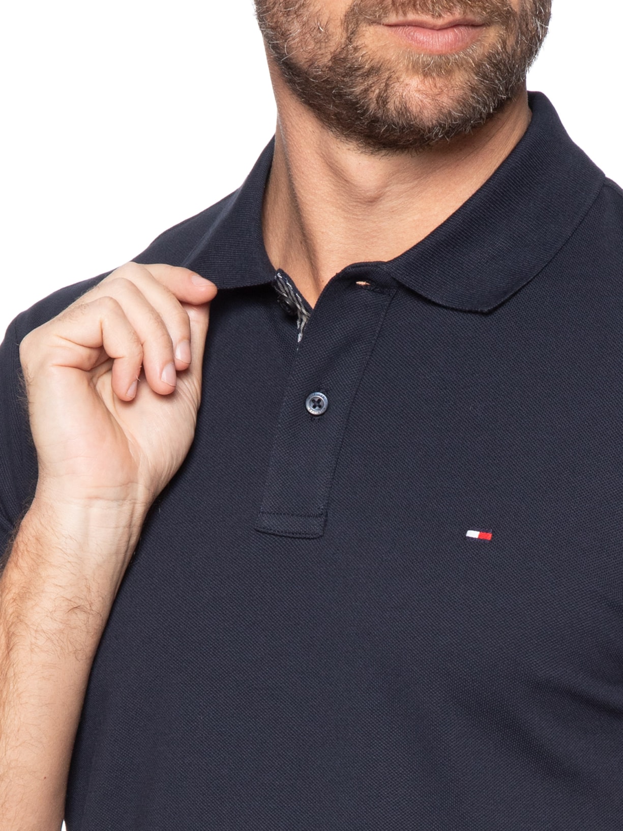 Polo Masculina Regular Fit Em Piquet Placket Interest Azul Tommy Hilfiger