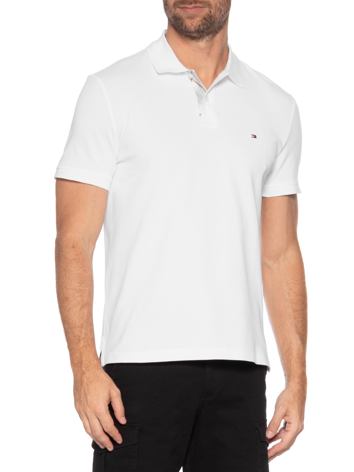 Polo Masculina Regular Fit Em Piquet Placket Interest Branco Tommy Hilfiger