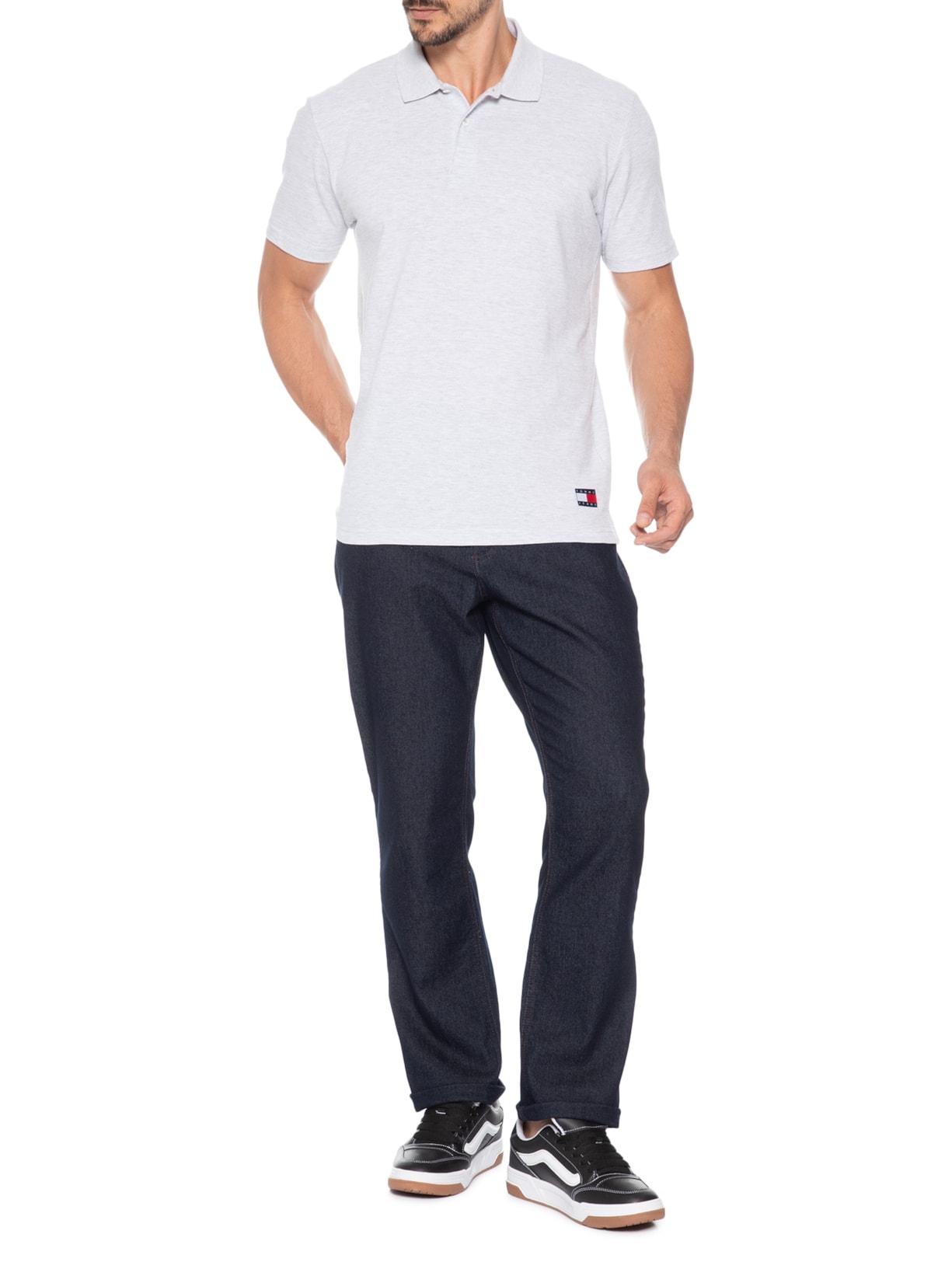Polo Masculina Regular Fit em Waffle Cinza Tommy Jeans