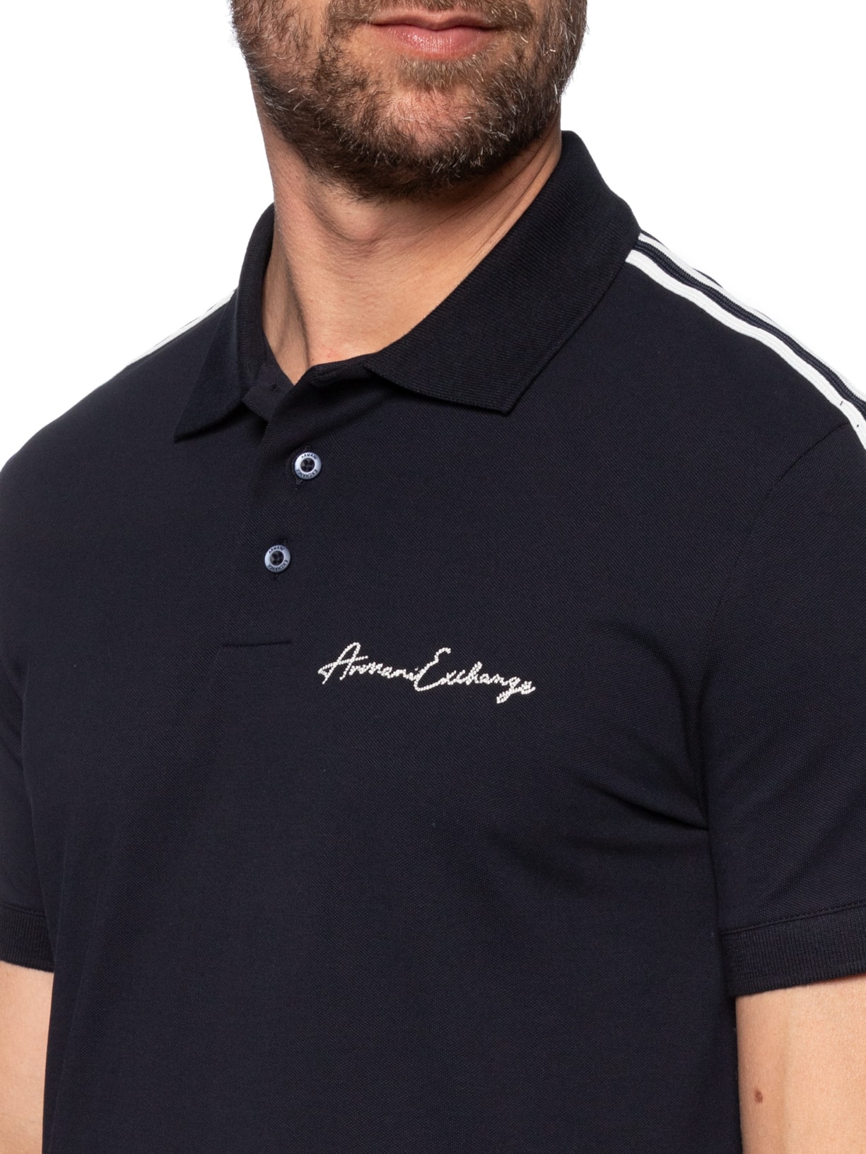 Polo Masculina Regular Fit Faixa Contraste Signature Logo Azul Armani Exchange