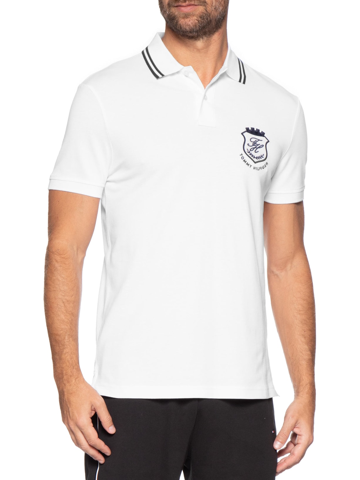 Polo Masculina Regular Fit Gola Friso Duplo e Brasão Branco Tommy Hilfiger