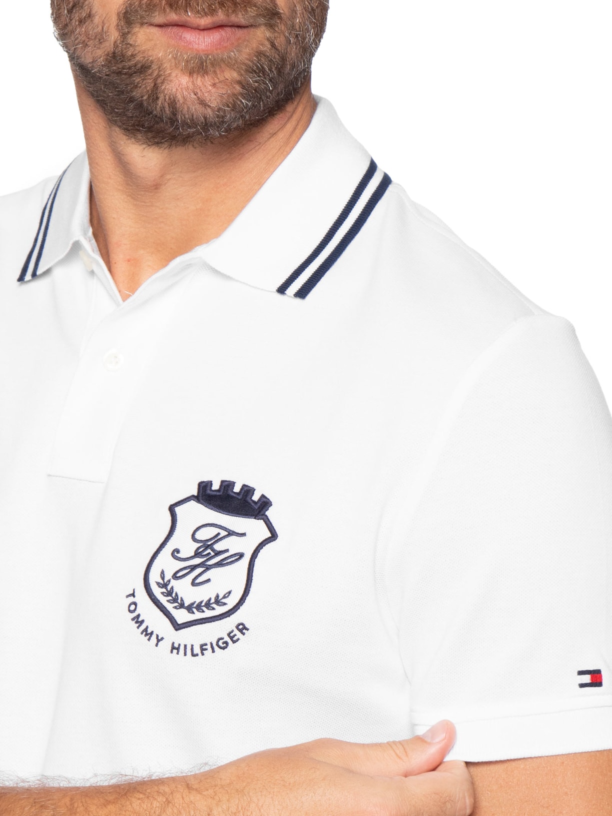 Polo Masculina Regular Fit Gola Friso Duplo e Brasão Branco Tommy Hilfiger