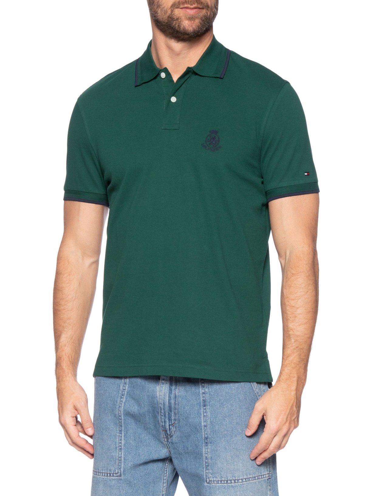Polo Masculina Regular Fit Holiday Crest Em Algodão Verde Tommy Hilfiger