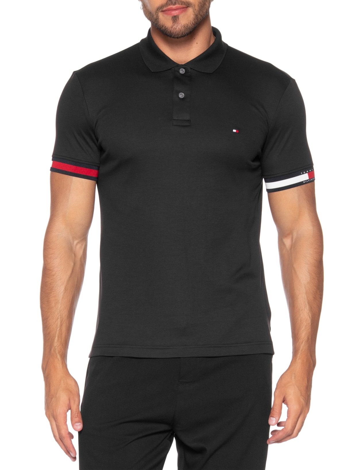 Polo Masculina Regular Fit Liquid Cotton Preto Tommy Hilfiger