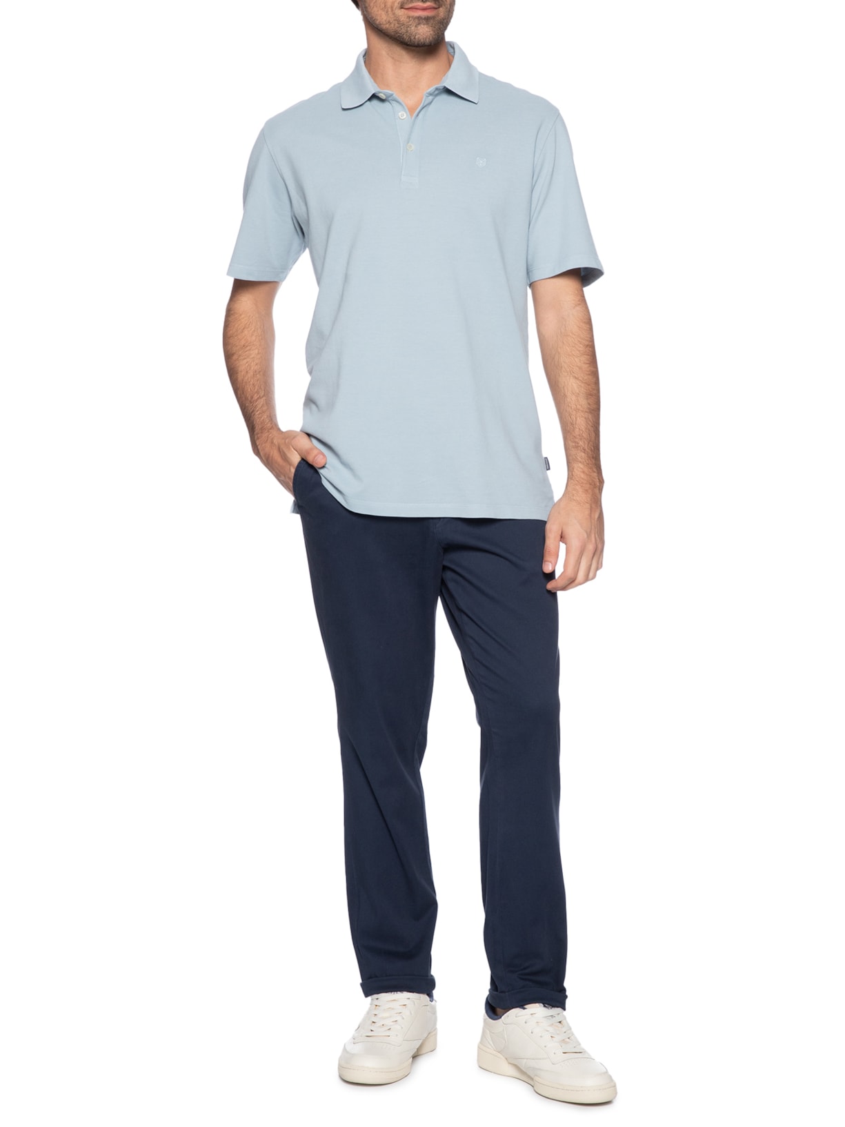 Polo Masculina Regular Fit Logo Bordado Piquet De Algodão Azul Jack & Jones