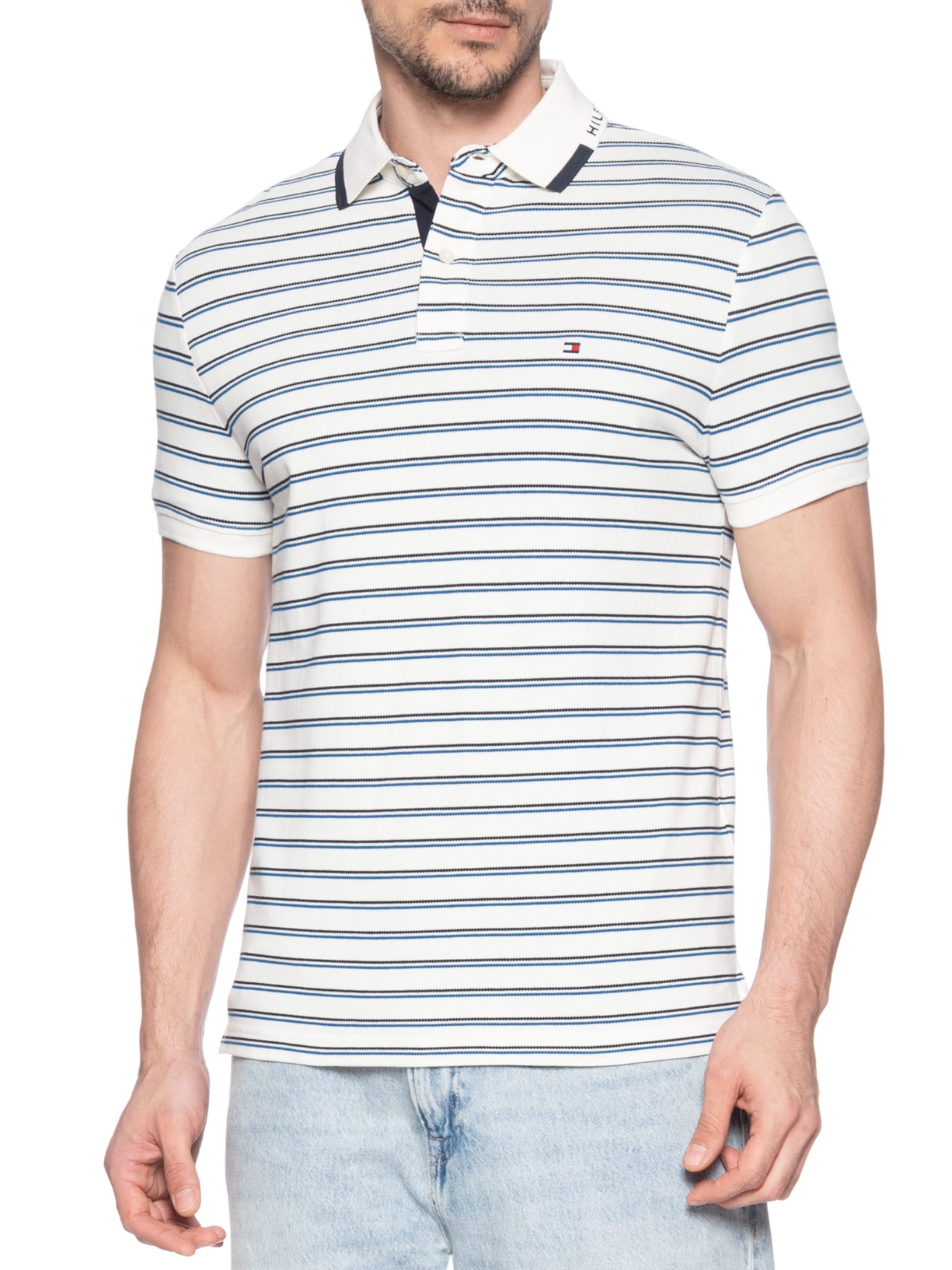 Polo Masculina Regular Fit Pique Grafic Collar Azul Tommy Hilfiger